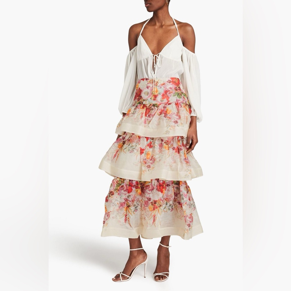 ZIMMERMANN Tiered floral-print linen and silk-blend gauze midi skirt